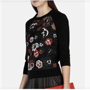 Karen Millen Rustic Floral Sweater Black Wool Blend Small